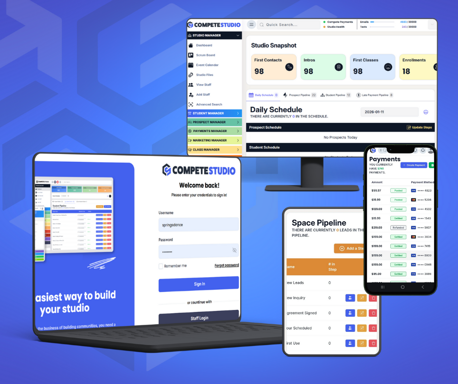 Compete Studio software displayed on multiple different devices including laptops and phones